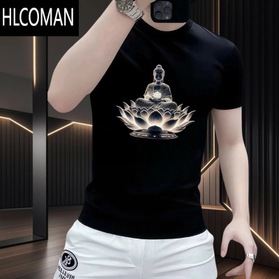 HLCOMAN夏季新款潮牌莲花佛印花短袖T恤男士高级感痞帅半袖上衣体恤