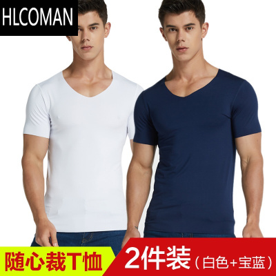 HLCOMAN新款男士冰丝无痕短袖T恤V领夏季莫代尔青年修身薄款打底衫 天10