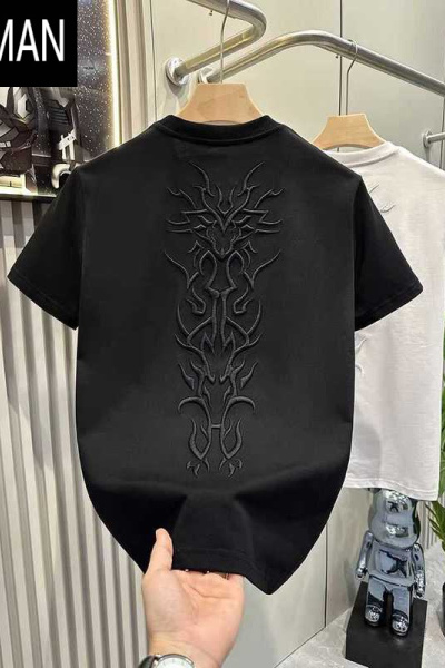 HLCOMAN2024夏季新款潮牌中国风龙脊刺绣短袖t恤男国潮修身半袖体恤衫