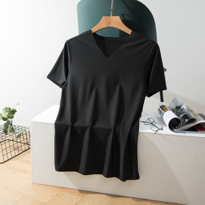 冰丝速干短袖男夏季外穿上衣无痕薄款修身网格运动跑步V领T恤潮