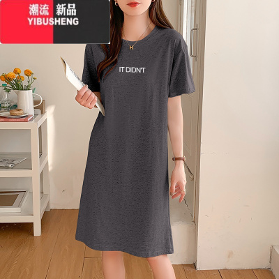 YIBUSHENG季短袖t恤裙女中长款韩版宽松显瘦过膝长裙简约时尚连衣裙