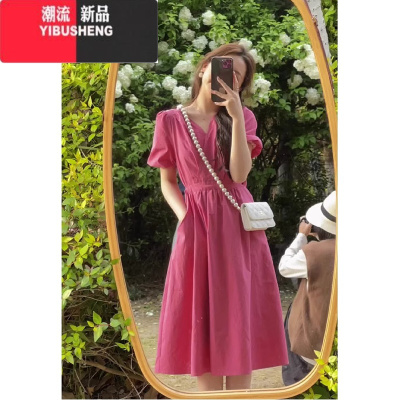 YIBUSHENG茶歇法式炸街长裙冷淡风高级感气质收腰泡泡袖粉色连衣裙子女季