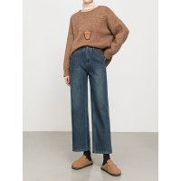 韩版高腰复合绒加厚牛仔阔腿裤女年冬绣花九分直筒裤