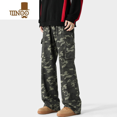YANXU美式机能迷彩工装裤男夏季潮牌宽松直筒阔腿裤高街百搭微喇长裤子