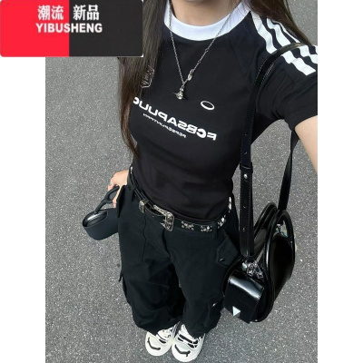 YIBUSHENG美式复古三条杠正肩短袖t恤女季2024新款修身运动短款辣妹上衣