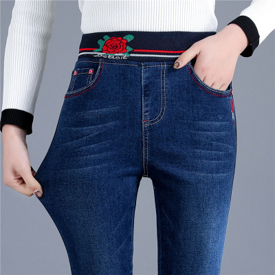 迪鲁奥(DILUAO)弹力涂层牛仔布裤女松紧腰宽松妈妈休闲裤高腰常规裤春秋中年女裤子大码