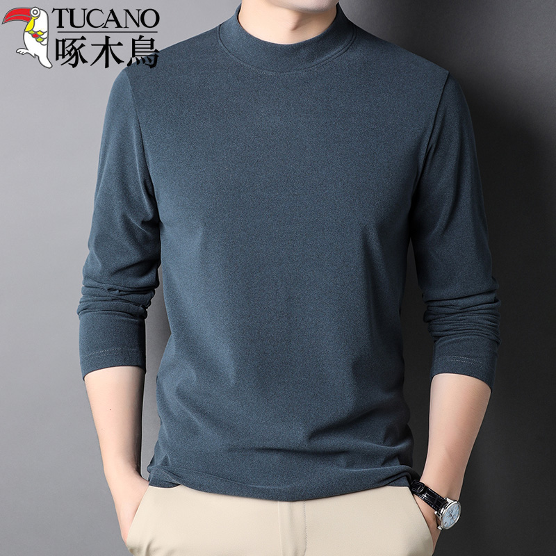 啄木鸟秋季男士中年长袖T恤德绒体恤半高领纯色上衣服休闲打底衫