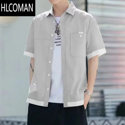 HLCOMAN拼接工装衬衫男短袖潮牌痞帅宽松百搭衬衣夏季薄款冰丝半袖上衣