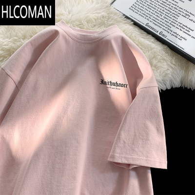 HLCOMAN粉色t恤男短袖夏季2024新款美式简约宽松体恤衫