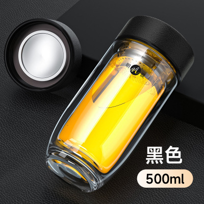 家柏饰(CORATED)双层玻璃杯男女便携水杯隔热带盖过滤家用商务办公室泡茶杯子 商务黑-500ml