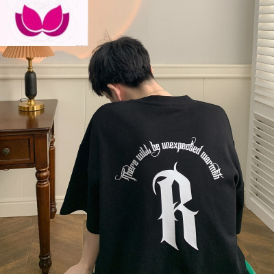 七斓藏青色短袖T恤男夏季薄款美式复古字母印花半袖ins潮牌情侣装体恤