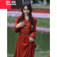 YIBUSHENG波西米亚度假长裙仙女民族风复古连衣裙重工刺绣长袖大摆红裙子