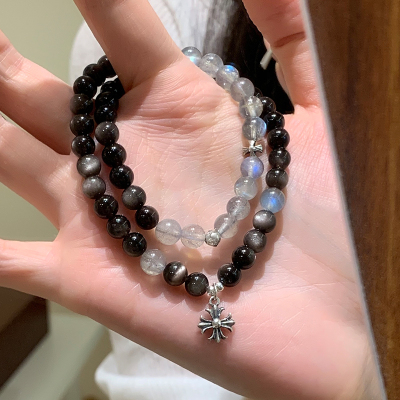 月光石银耀石天然水晶手串双圈叠戴十字架手链女款2025新款送女朋友老婆情人节七夕生日礼物