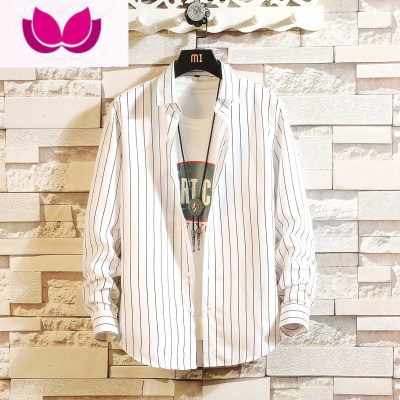 七斓男士长袖衬衫韩版潮流帅气条纹港风衬衣休闲外穿寸衫外套男