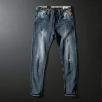 春秋常规男式弹力牛仔裤 男青年复古磨破做旧合体休闲小直脚长裤