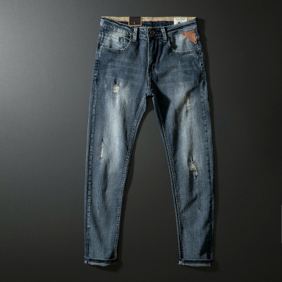 春秋常规男式弹力牛仔裤 男青年复古磨破做旧合体休闲小直脚长裤