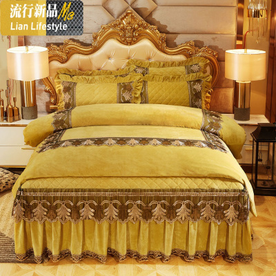 夹棉床裙水晶绒四件套欧式蕾丝法莱绒床罩防滑珊瑚绒被套床上用品 三维工匠