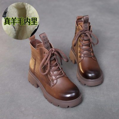 羊毛内里系带短靴女冬季新款超轻粗跟靴子女加厚保暖