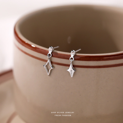 冷淡风不对称四芒星耳钉女s999纯银时尚百搭镂空星星足银耳坠耳饰送女朋友老婆情人节七夕生日礼物