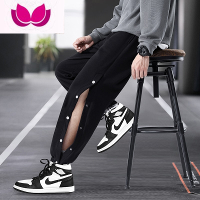 七斓男士春季排扣宽松阔腿休闲束脚全开扣篮球运动裤长裤子薄款