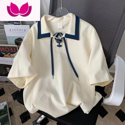 七斓特大码300斤别致polo衫系带短袖T恤女夏季ins宽松港风半袖上衣240