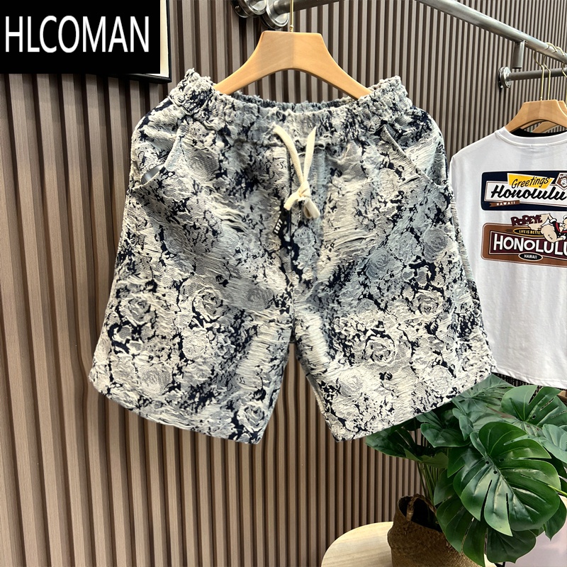 HLCOMAN夏季新款设计感花卉牛仔短裤男时尚百搭宽松青花瓷五分裤休闲裤子