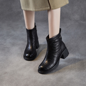 轻奢真羊皮马丁靴女新款秋冬黑色靴子复古厚底粗跟法式短靴女