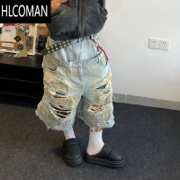 HLCOMAN美式高街嘻哈vibe刀割假破洞牛仔短裤男夏季阔腿中裤七分裤潮