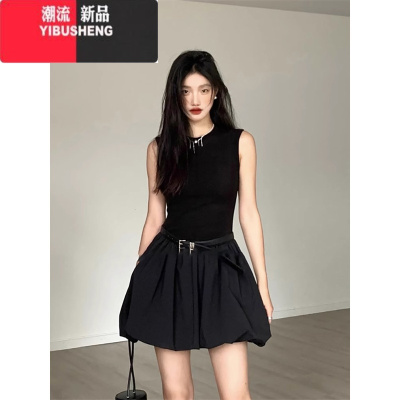 YIBUSHENG法式小众黑色无袖连衣裙子女季小个子气质短裙高级感收腰花苞裙
