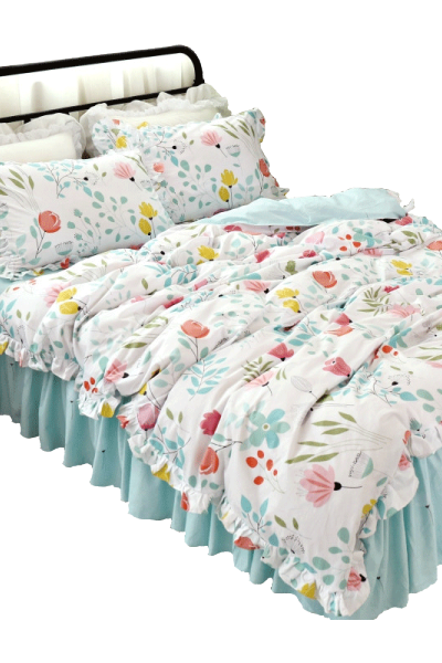 美帮汇碎花床上全棉床罩床裙四件套 裙式 欧式田园清新全棉被罩带花边女