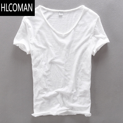 HLCOMAN柔软竹节棉短袖T恤男士休闲薄款日系做旧毛边圆领修身男t恤衫