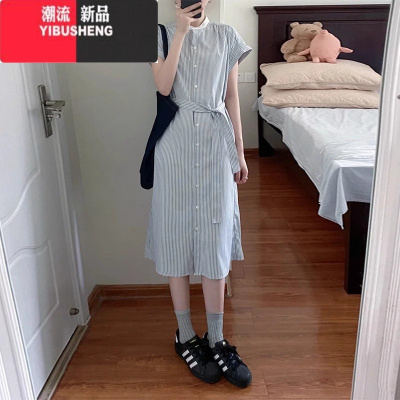YIBUSHENG日系条纹短袖衬衫连衣裙女2024新款季小众设计收腰气质中长裙子