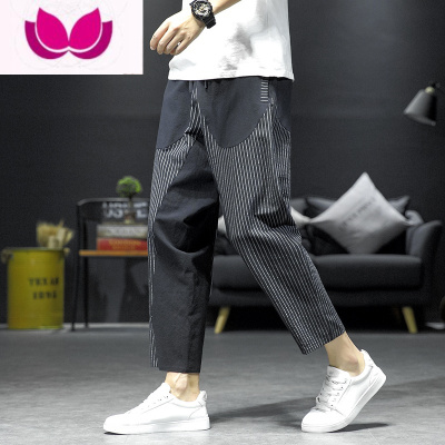 七斓夏季裤子男潮牌男裤宽松痞帅九分锥形裤薄款日系直筒条纹休闲长裤