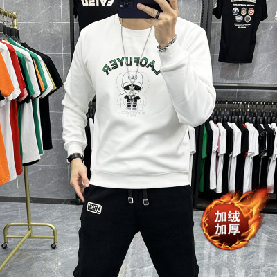 秋冬时尚长袖体恤打底衫印花烫钻卫衣男士圆领加绒套头上衣潮ins