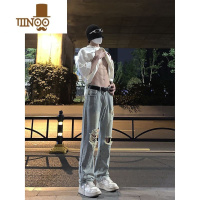 YANXU浅蓝色破洞牛仔裤男款夏天薄款ootd美式古着裤子高个子加长直筒裤
