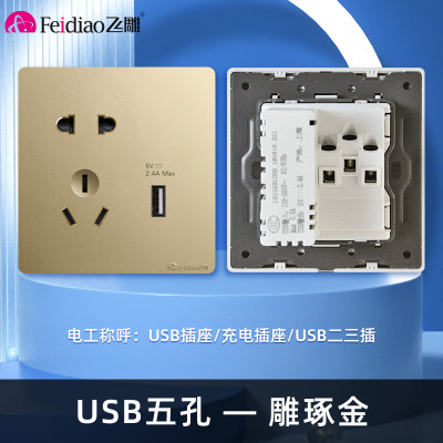 飞雕(FEIDIAO)开关插座暗装86型家用墙壁开关插座 大阪钢支架 雕琢优雅金系列 雕琢金五孔带一位USB