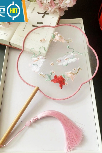 XIANCAI中国复古刺绣花团扇古典圆扇古代汉服古风长柄流苏旗袍跳舞蹈扇子 红尘