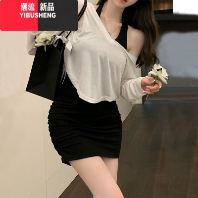 YIBUSHENG辣妹连衣裙套装女新款纯欲性感收腰包臀短裙长袖防晒衫显瘦两件套
