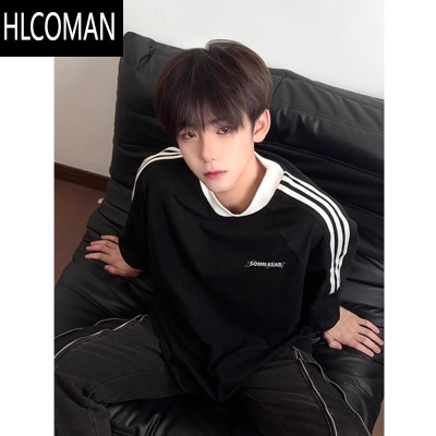HLCOMAN美式三条杠拼接短袖夏季高街风潮牌新款男士百搭宽松半袖t恤