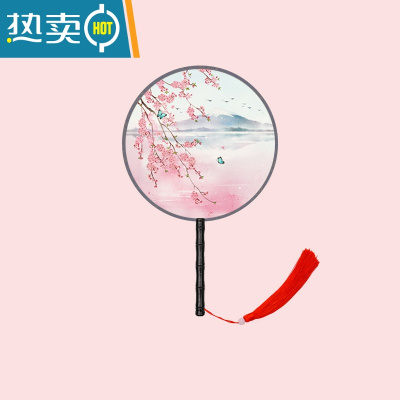 XIANCAI团扇古风长柄流苏扇子女夏中国风古装汉服旗袍跳舞儿童小圆形扇 落花『双面印花』
