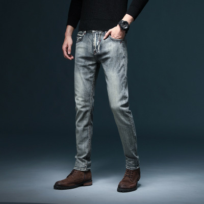男式弹力休闲牛仔裤男青年复古做旧水洗合体小直脚长裤男