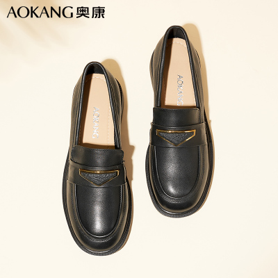 奥康女鞋休闲皮鞋女士单鞋低帮套脚乐福鞋学院风轻熟气质小皮鞋