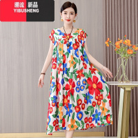 YIBUSHENG新款妈妈棉绸连衣裙女季时尚宽松加肥加大码中老年人造棉长裙子