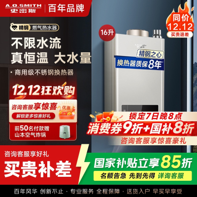 史密斯 16升燃气热水器 不锈钢换热器8年包换 负压燃烧更安全 恒温大水量 家用5系列