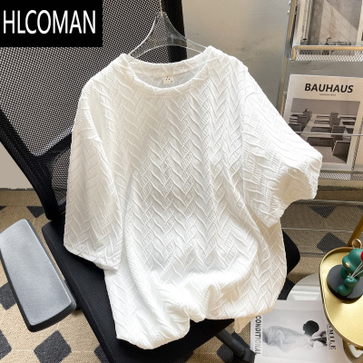 HLCOMAN夏季薄款冰丝提花短袖T恤男女简约宽松五分袖休闲上衣体恤衫小众