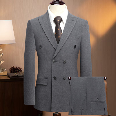 轻奢戗驳领双排扣套装西服男士商务西装韩版修身正装婚礼结婚西服_230