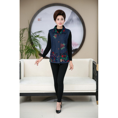 迪鲁奥(DILUAO)中老年人女装马夹薄款外穿奶奶坎肩3D外套妈妈春秋单款牛仔马甲