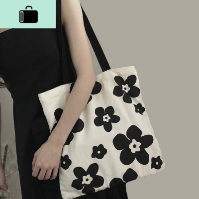 夏韩版ins帆布包黑白泫雅花朵女学生时尚百搭单肩包大容量购物袋NEW LAKE 黑白拼色花朵女士单肩包