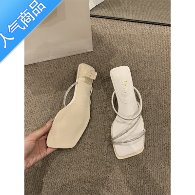 SUNTEK3公分小跟凉拖外穿女鞋子2023年春夏新款低跟拖鞋水钻配裙子凉鞋