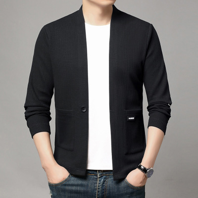 秋季新款男士无领针织开衫中年时尚百搭纯色休闲毛衣